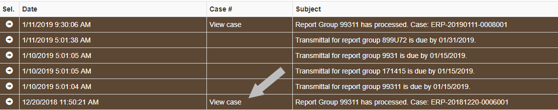 ERA Message Center with arrow pointing to the View case link. 