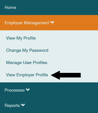ERA Navigation Menu with arrow pointing to View Employer Profile link.