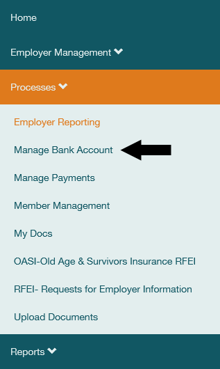 Left Navigation - Processes - Manage Bank Account