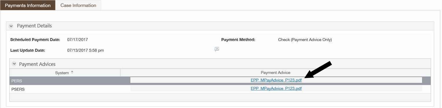 ERA Payments Information screen with arrow pointing to the Payment Advice link.