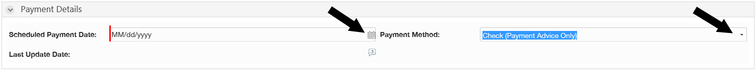 ERA Payment Details screen with arrows pointing to the Scheduled Payment Date and Payment Method fields. 