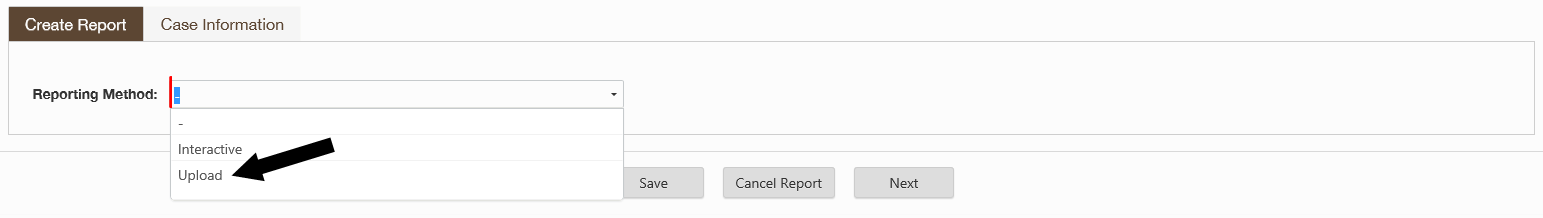 ERA Create Report screen with arrow pointing to the Upload Reporting Method. 