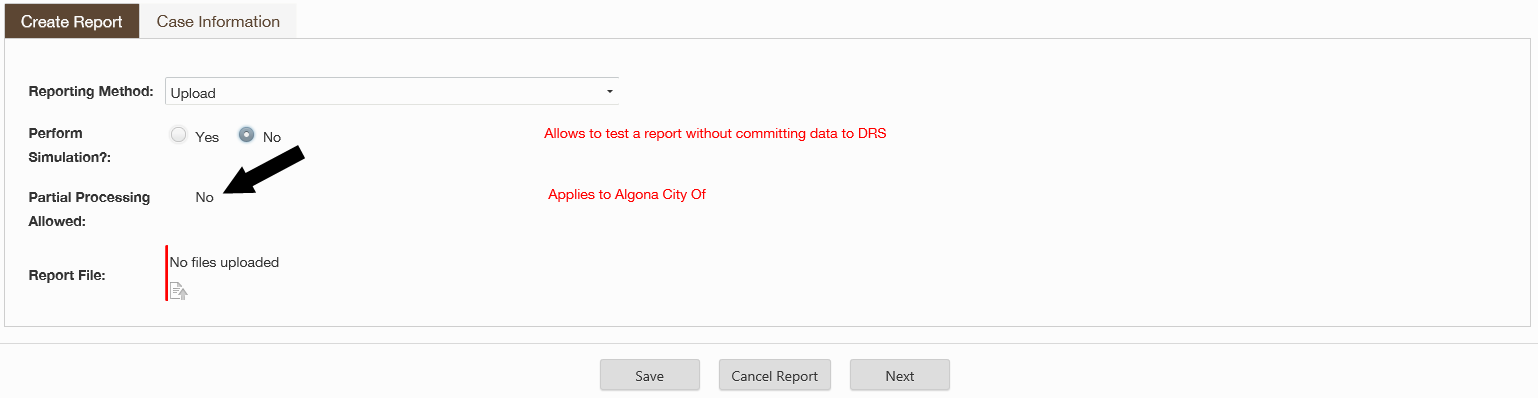 ERA Create Report screen with arrow pointing to Partial Processing Allowed field. 