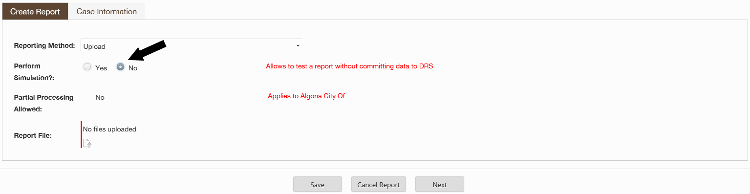 ERA Create Report screen with arrow pointing to the Perform Simulation field. 