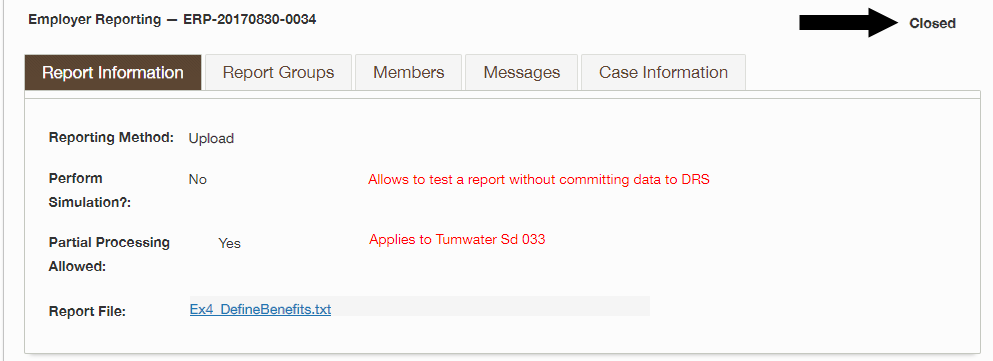 ERA Report Information screen with arrow pointing to the case status which shows Closed.