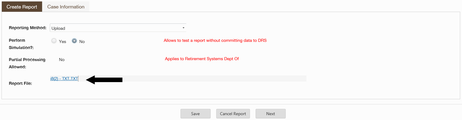 ERA Create Report screen with arrow pointing to the uploaded file link.