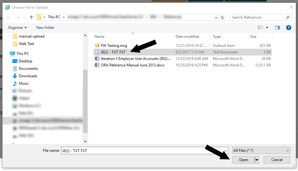 Windows Explorer window with arrows pointing to the file selection and the Open button.