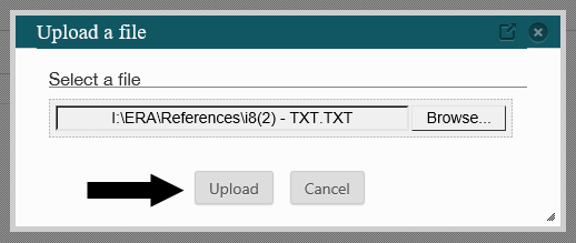 ERA Upload a file pop-up window with arrow pointing to the Upload button.