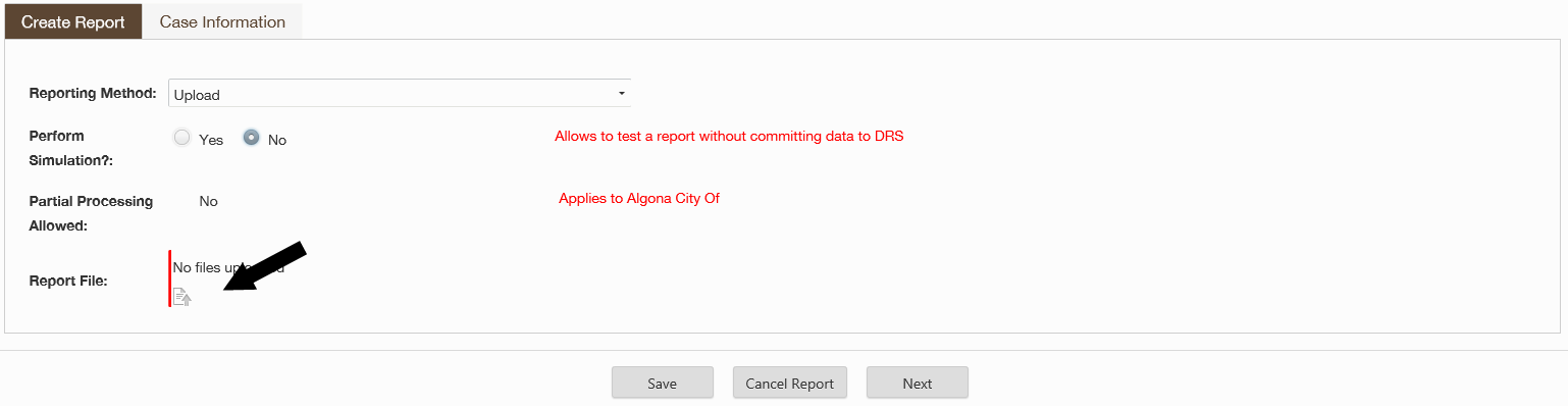 ERA Create Report screen with arrow pointing to the upload document icon.