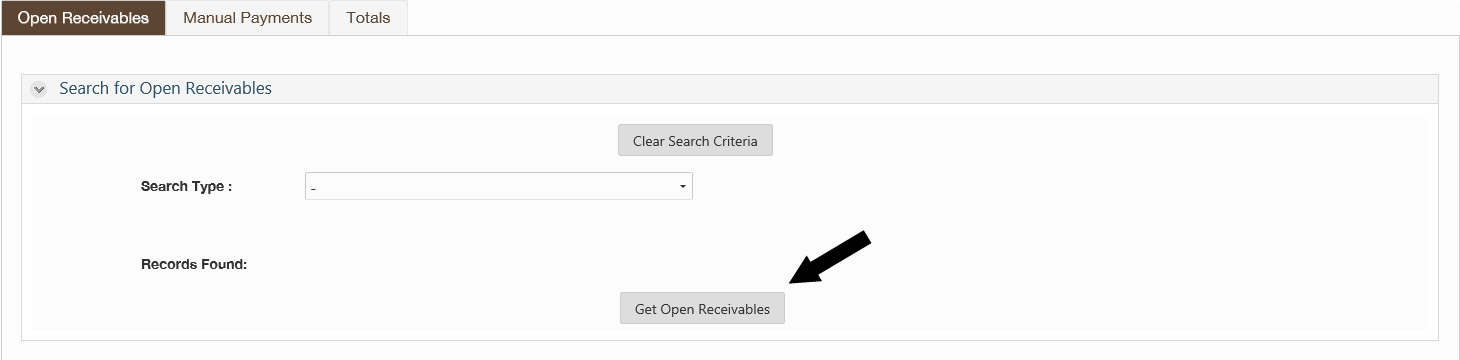 ERA Open Receivables screen with arrow pointing to Get Open Receivables button at the bottom. 