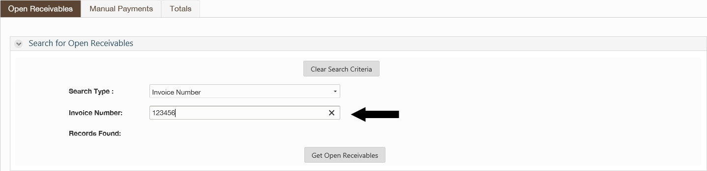 ERA Open Receivables screen with arrow pointing to the invoice number field. 