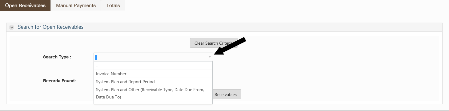 ERA Open Receivables screen with arrow pointing to the Search Type drop down selection field. 