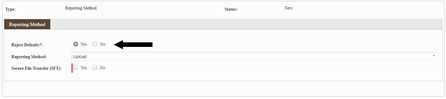 ERA Update Employer Data screen with arrow pointing to the Reject Defaults field.