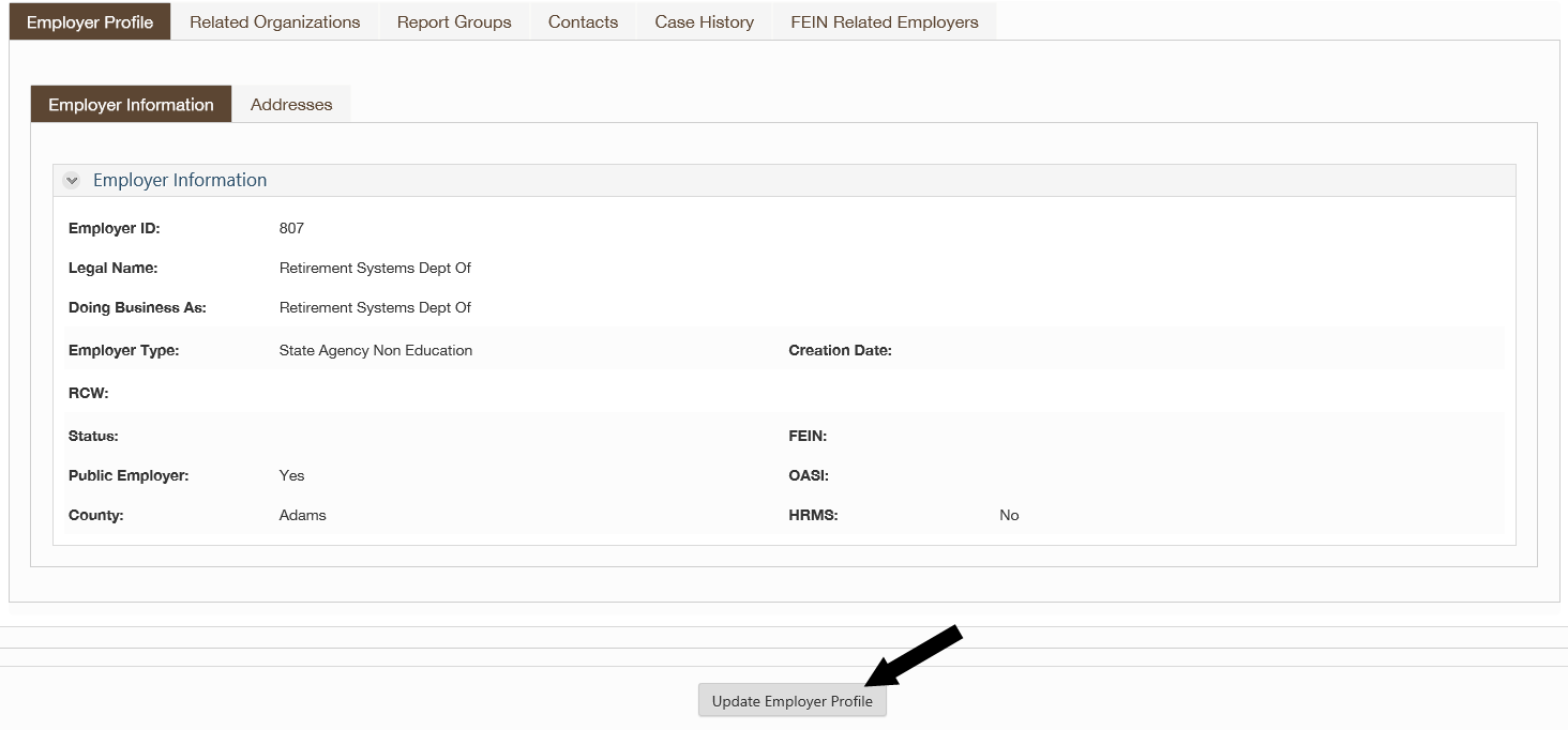 ERA Employer Profile screen with arrow pointing to the Update Employer Profile button.