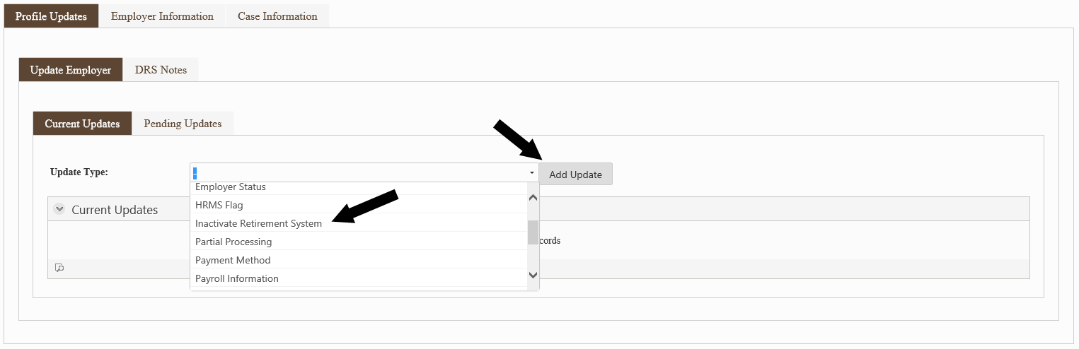 ERA Update Employer Data screen with arrows pointing to the Update Type drop down selection menu.