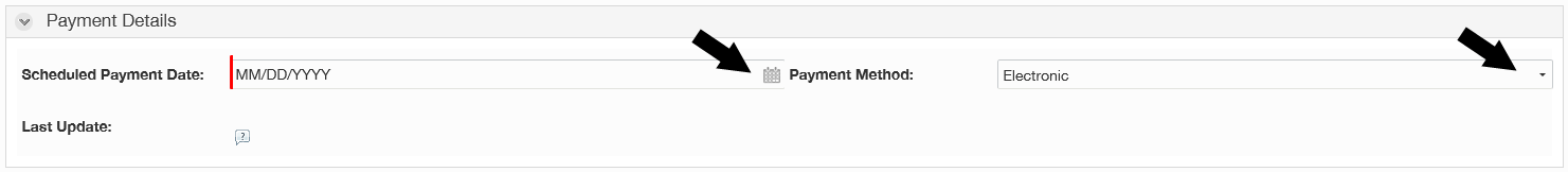 ERA Payment Details screen with arrows pointing to Scheduled Payment Date and Payment Method fields.