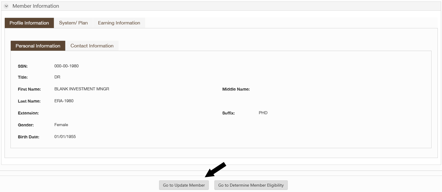 ERA Member Information screen with arrow pointing to Go to Update Member button.