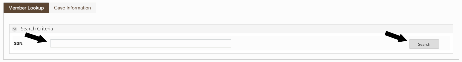 ERA Member Lookup screen with arrows pointing to the SSN field at the left and the Search button on the right.