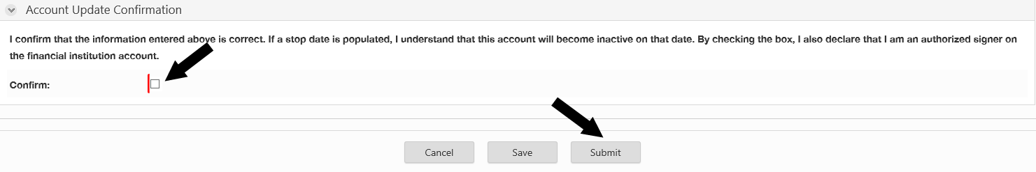 ERA Account Update Confirmation screen with arrow pointing to the confirmation check box and the Submit button.