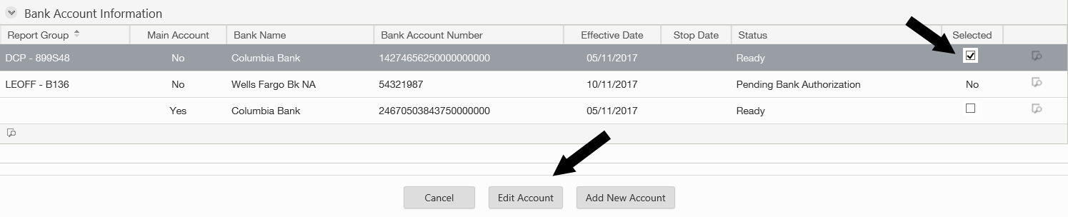 ERA Bank Account Information screen with checkbox selected and arrow pointing to Edit Account button.